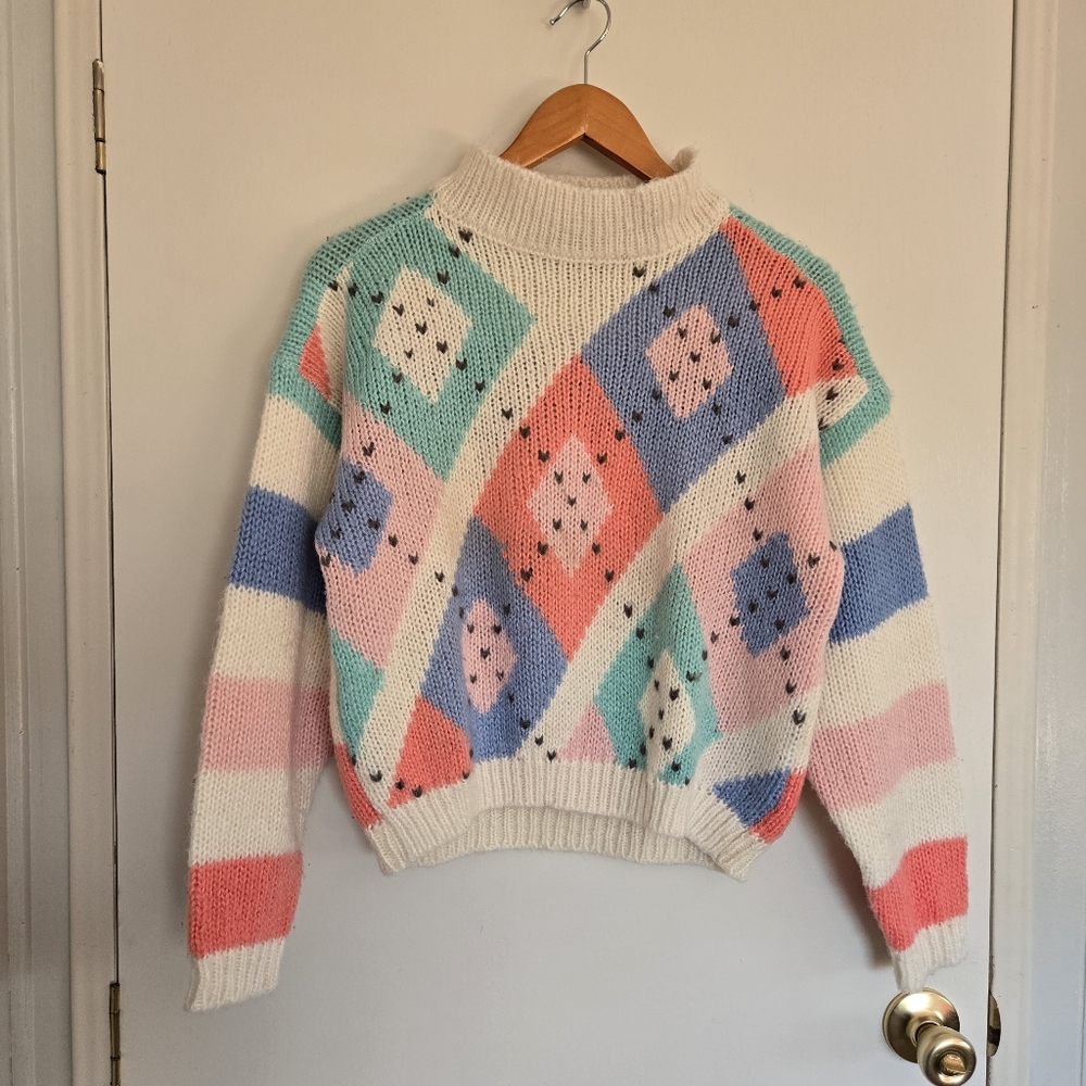 Vintage Paris Sport Club Sweater Women's L Plaid Striped Colorful